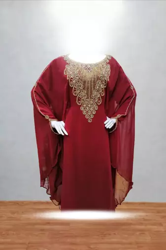 Luxurious Maroon Kaftan With Gold Work Stitched Dress