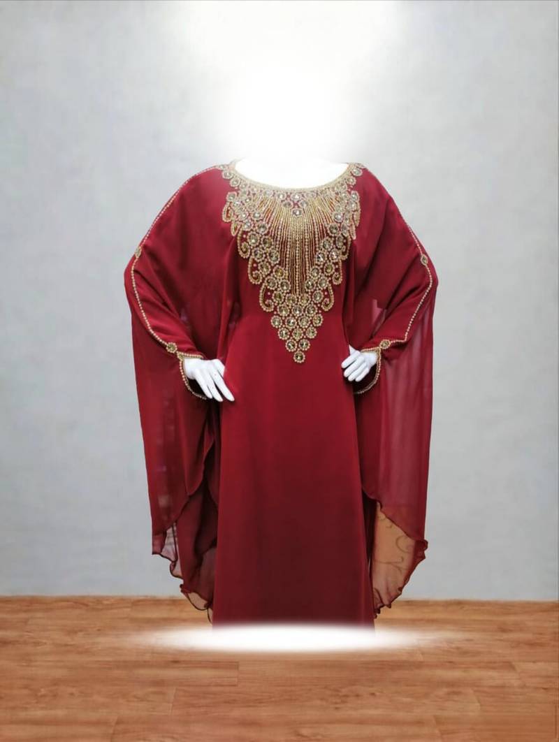 Luxurious Maroon Kaftan With Gold Work Stitched Dress