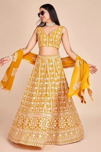 Yellow Embroidered Lehenga Choli with Dupatta