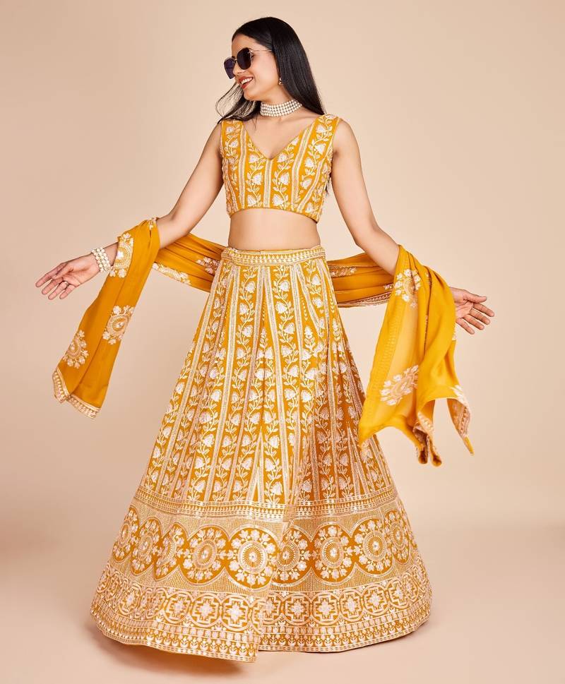Yellow Embroidered Lehenga Choli with Dupatta