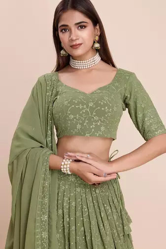 Olive Green Embroidered Lehenga