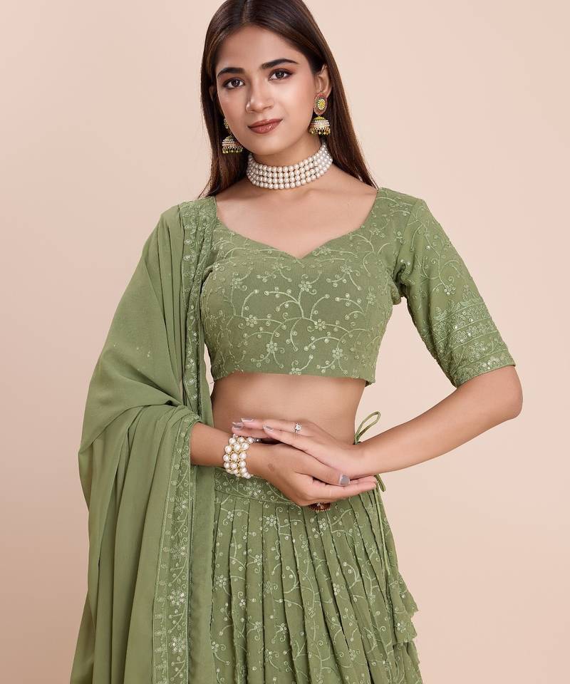 Olive Green Embroidered Lehenga