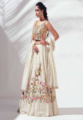 off-white Floral Embroidered Lehenga 3