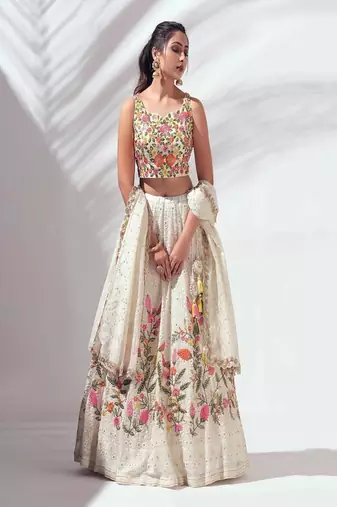off-white Floral Embroidered Lehenga