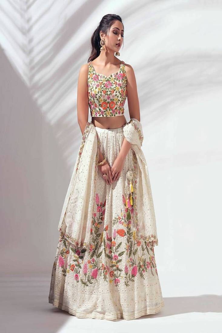 off-white Floral Embroidered Lehenga