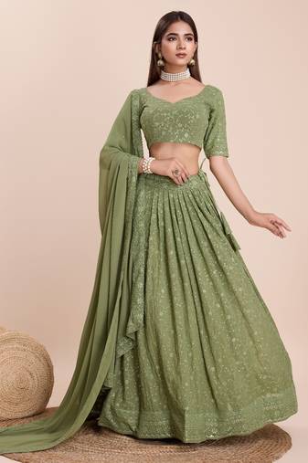 Olive Green Embroidered Lehenga