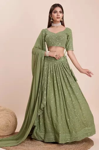 Olive Green Embroidered Lehenga