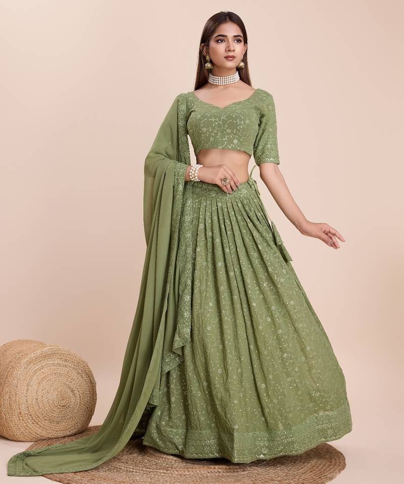 Olive Green Embroidered Lehenga