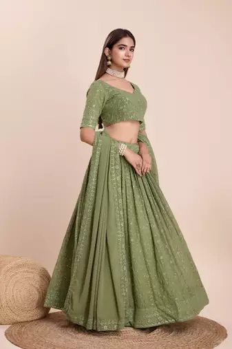 Olive Green Embroidered Lehenga