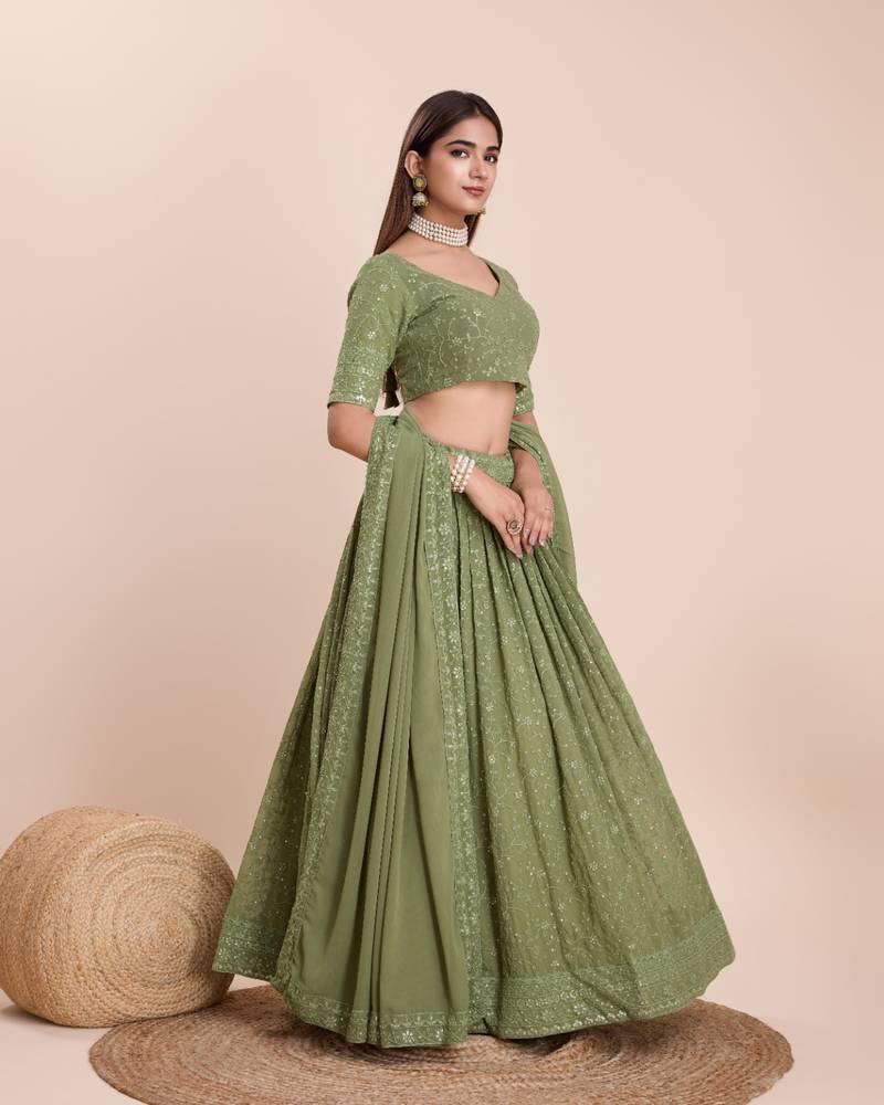 Olive Green Embroidered Lehenga