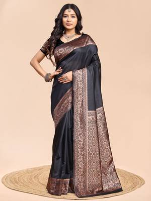 Black color weaving jacquard traditional saree with blouse piece 1