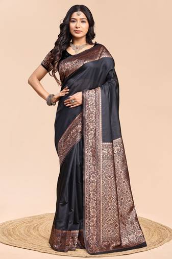 Black color weaving jacquard traditional saree with blouse piece
