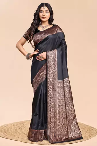 Black color weaving jacquard traditional saree with blouse piece