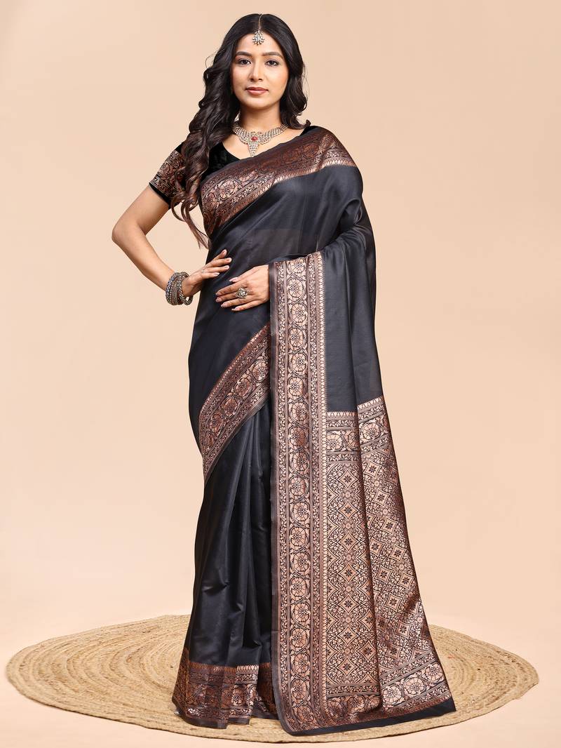 Black color weaving jacquard traditional saree with blouse piece