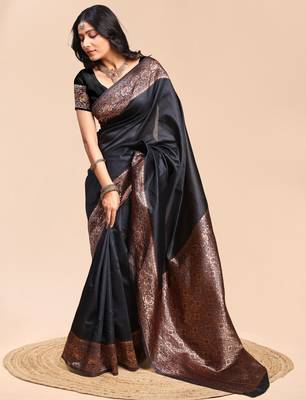 Black color weaving jacquard traditional saree with blouse piece 2