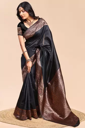 Black color weaving jacquard traditional saree with blouse piece