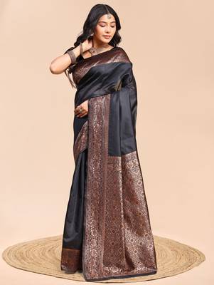 Black color weaving jacquard traditional saree with blouse piece 3