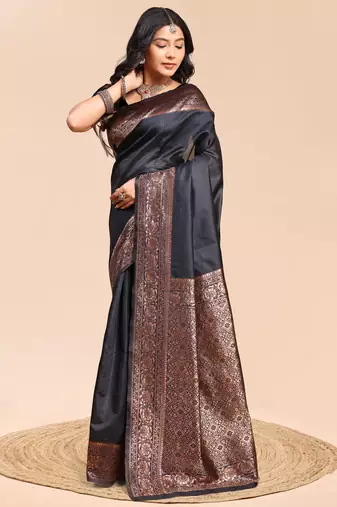 Black color weaving jacquard traditional saree with blouse piece