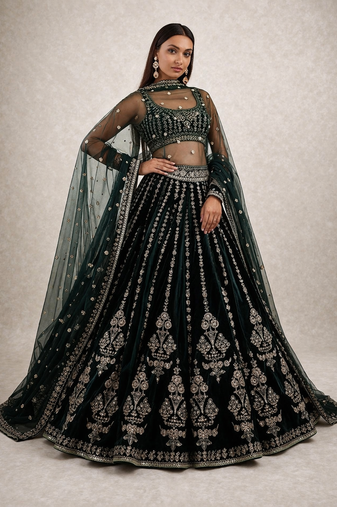 Dark Green Heavy Embroidered Lehenga