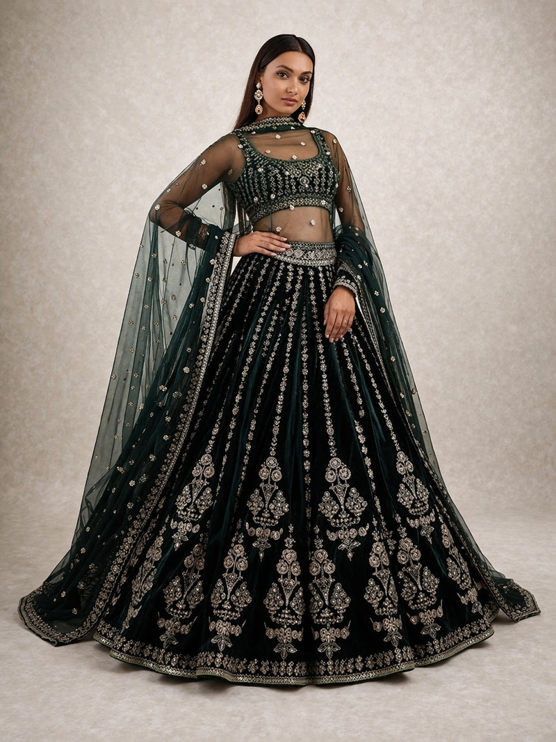 Dark Green Heavy Embroidered Lehenga
