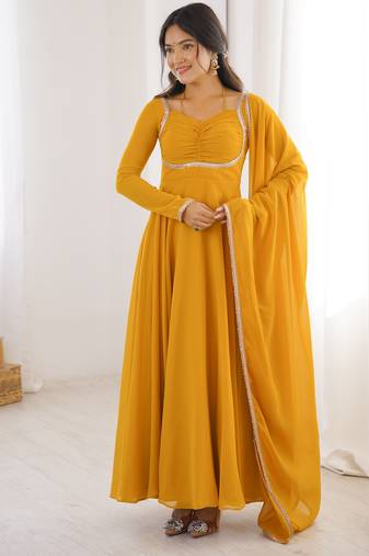 Women faux georgette lace work fully flair anrkali ,pant with dupatta