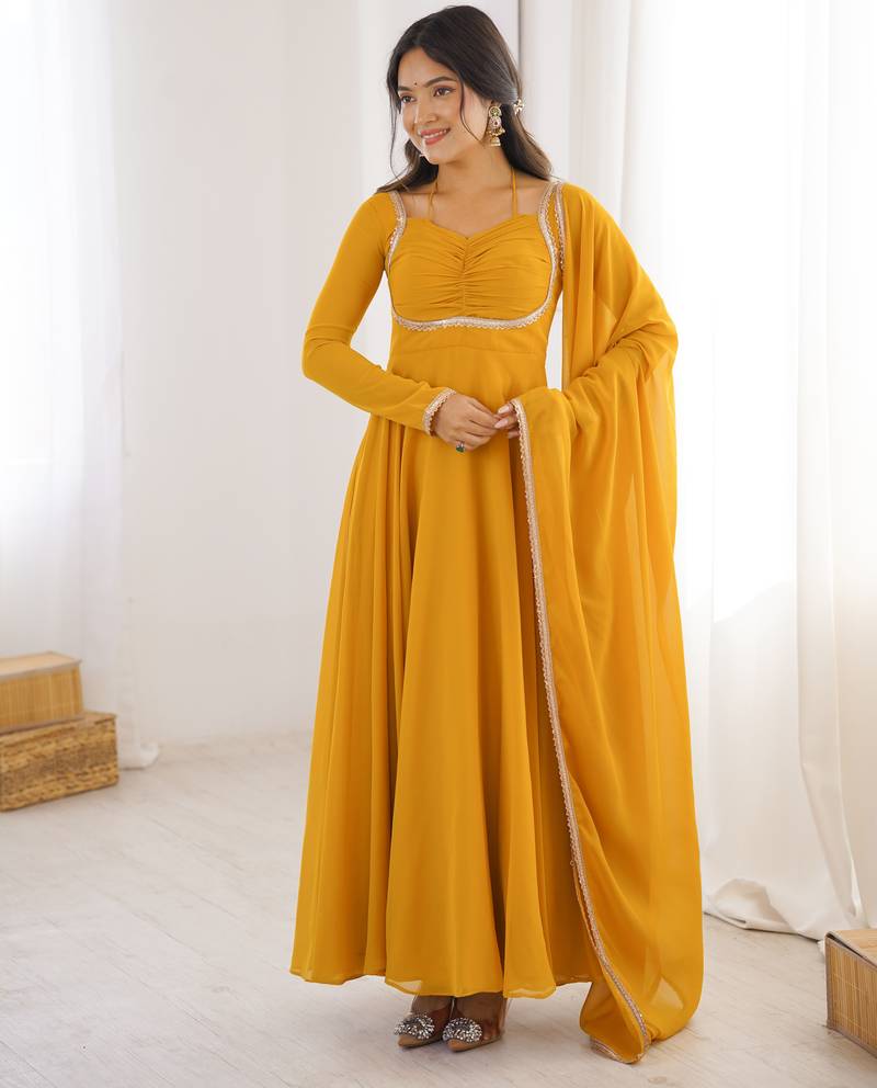 Women faux georgette lace work fully flair anrkali ,pant with dupatta