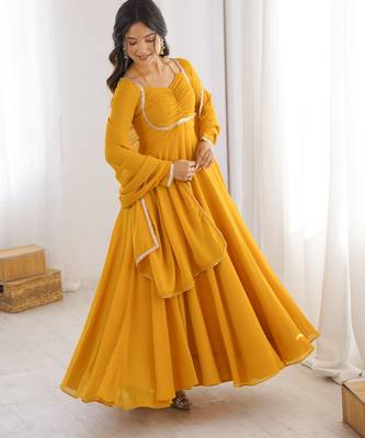 Women faux georgette lace work fully flair anrkali ,pant with dupatta 2