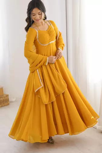 Women faux georgette lace work fully flair anrkali ,pant with dupatta