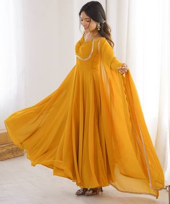 Women faux georgette lace work fully flair anrkali ,pant with dupatta 3