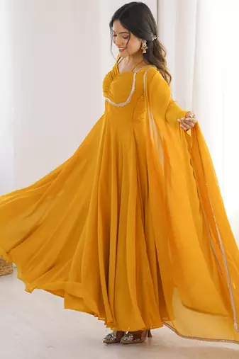 Women faux georgette lace work fully flair anrkali ,pant with dupatta