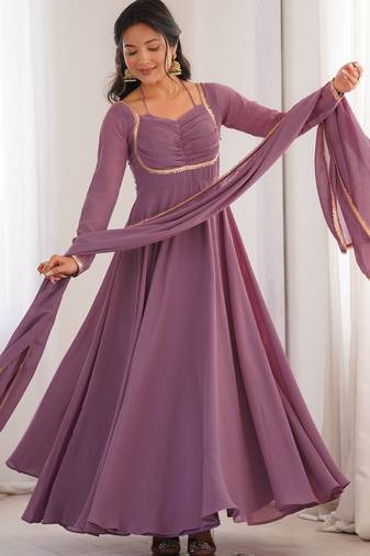 Women faux georgette lace work fully flair anrkali ,pant with dupatta