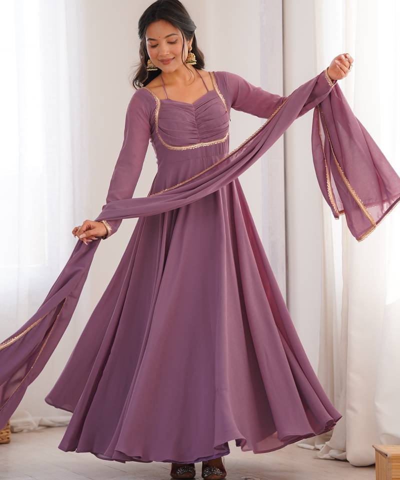 Women faux georgette lace work fully flair anrkali ,pant with dupatta