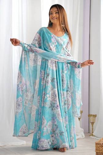 Women faux georgette printed fully flair anrkali ,pant with dupatta