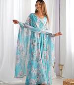 Women faux georgette printed fully flair anrkali ,pant with dupatta