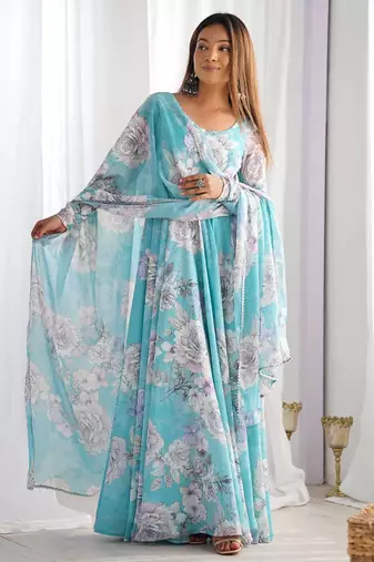 Women faux georgette printed fully flair anrkali ,pant with dupatta