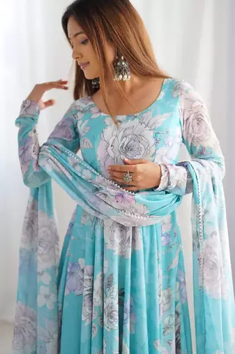 Women faux georgette printed fully flair anrkali ,pant with dupatta