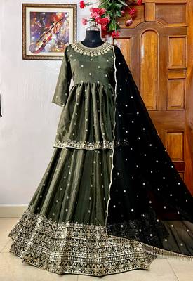 Dark Olive Anarkali Lehenga with Heavy Embroidery and Dupatta 2