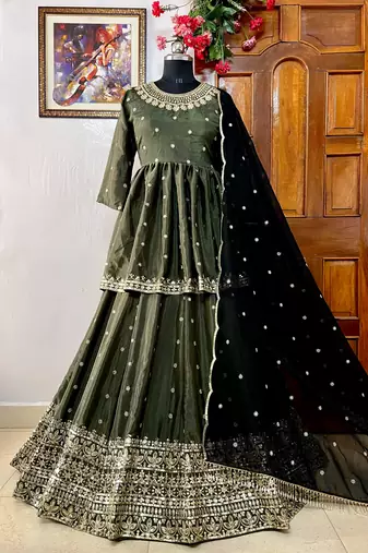 Dark Olive Anarkali Lehenga with Heavy Embroidery and Dupatta