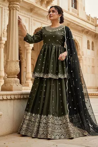 Dark Olive Anarkali Lehenga with Heavy Embroidery and Dupatta