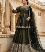Dark Olive Anarkali Lehenga with Heavy Embroidery and Dupatta