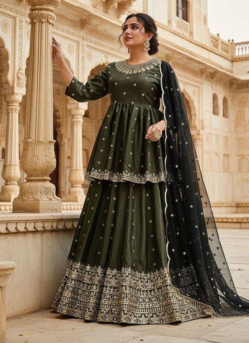 Dark Olive Anarkali Lehenga with Heavy Embroidery and Dupatta