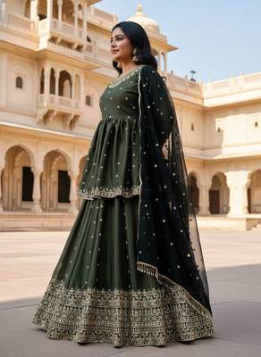 Dark Olive Anarkali Lehenga with Heavy Embroidery and Dupatta 3