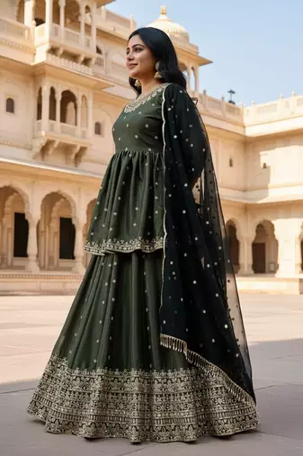 Dark Olive Anarkali Lehenga with Heavy Embroidery and Dupatta