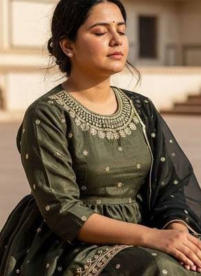 Dark Olive Anarkali Lehenga with Heavy Embroidery and Dupatta 4