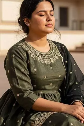 Dark Olive Anarkali Lehenga with Heavy Embroidery and Dupatta