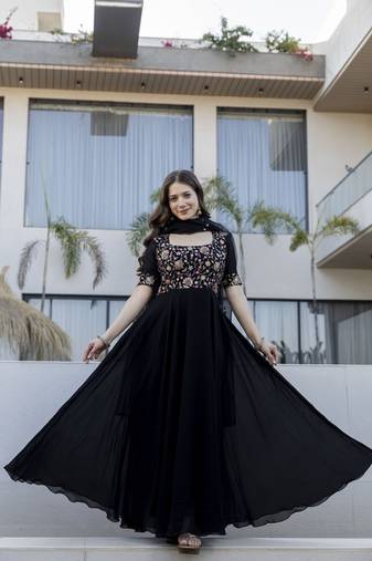 Elegant black georgette anarkali gown with floral embroidered yoke & dupatta