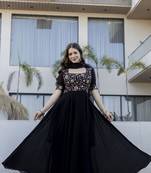 Elegant black georgette anarkali gown with floral embroidered yoke & dupatta