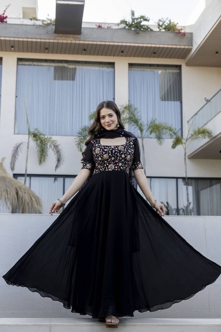 Elegant black georgette anarkali gown with floral embroidered yoke & dupatta