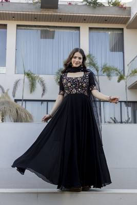  black georgette anarkali gown with floral embroidered yoke & dupatta 2