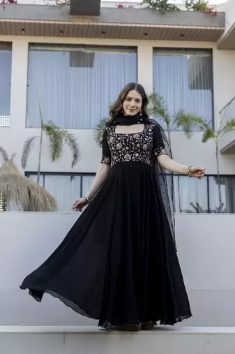 Elegant black georgette anarkali gown with floral embroidered yoke & dupatta